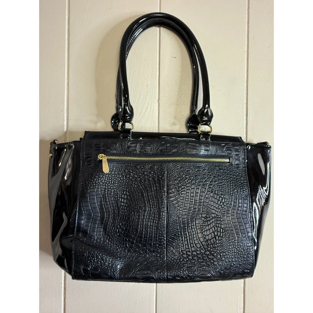 Stauer Satchel Shoulder‎ Bag Women's Black Croc Embossed Patent Leather Purse